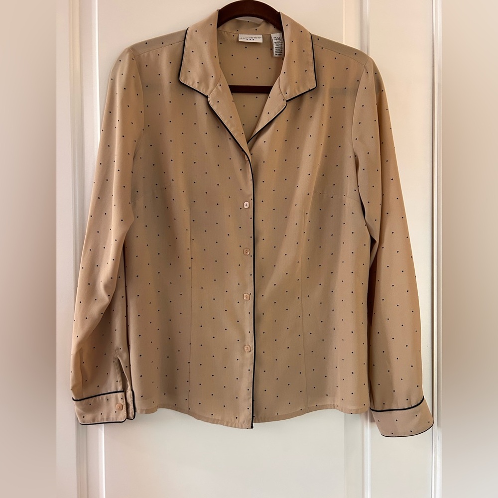 Semi Sheer Camel Tan Blouse with mini Black Polka Dots